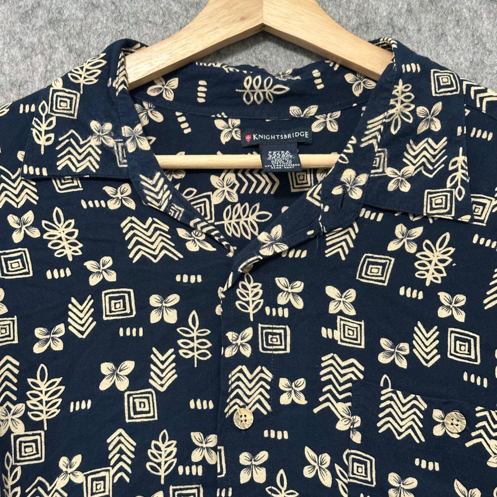 Knightsbridge Mens XL Rayon Short Sleeve Button Down Shirt Navy Geometric Floral